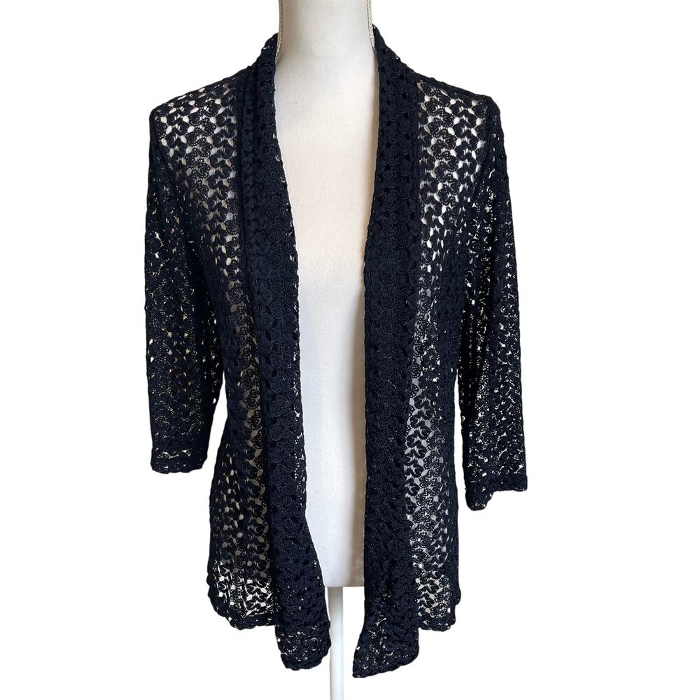 JM Collection Cardigan Petite Size Large Navy Blue Open Stitch Knit Topper Light